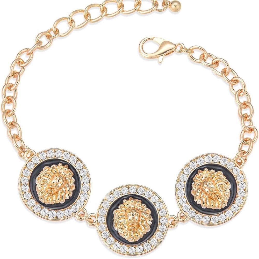 Women's Gold Plated Lion Head Linked Chain Bracelet Cute Animal Sparkly
